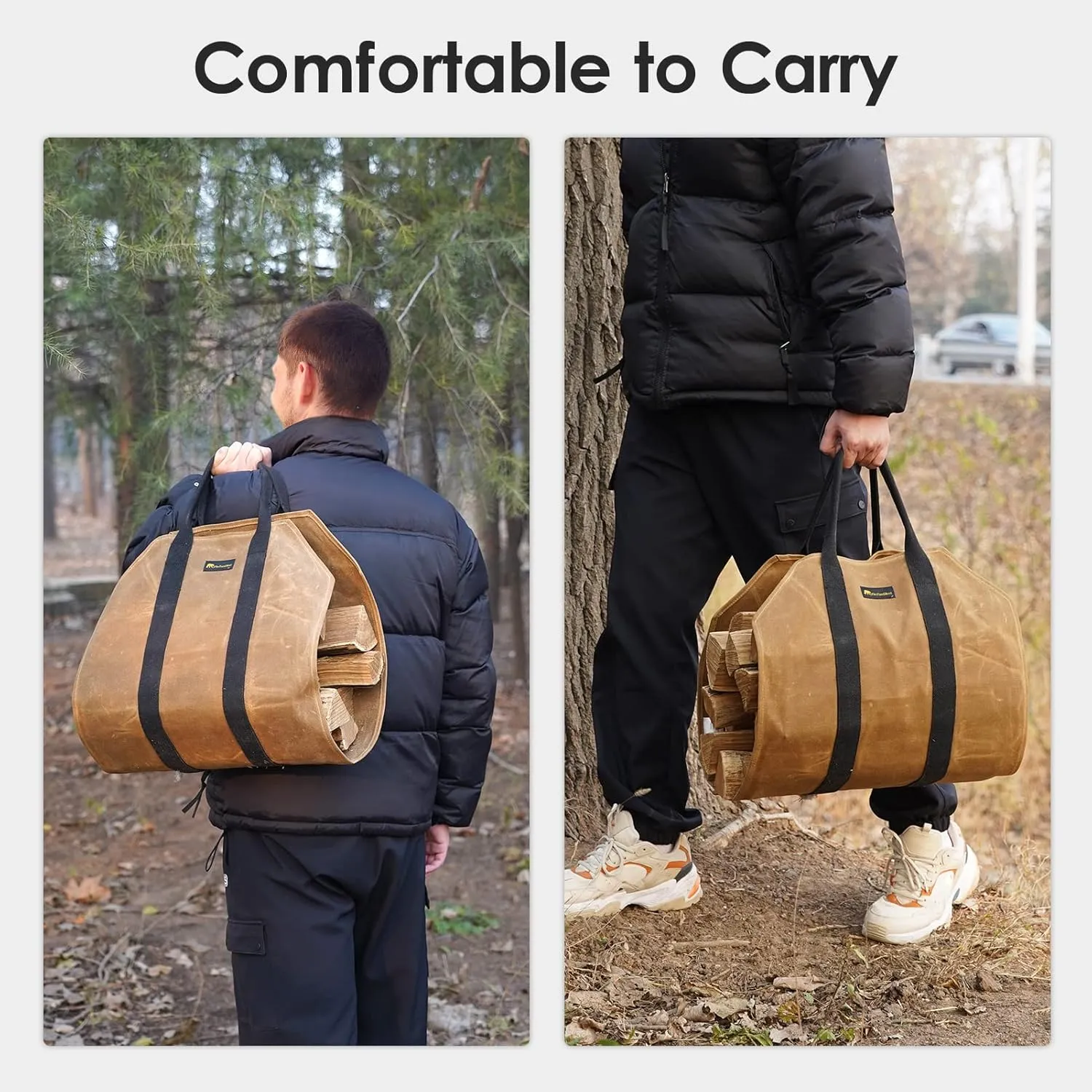 Sturdy Waxed Canvas Firewood Log Carrier, Durable Firepalce Wood Bag with Reinforce Duty Straps