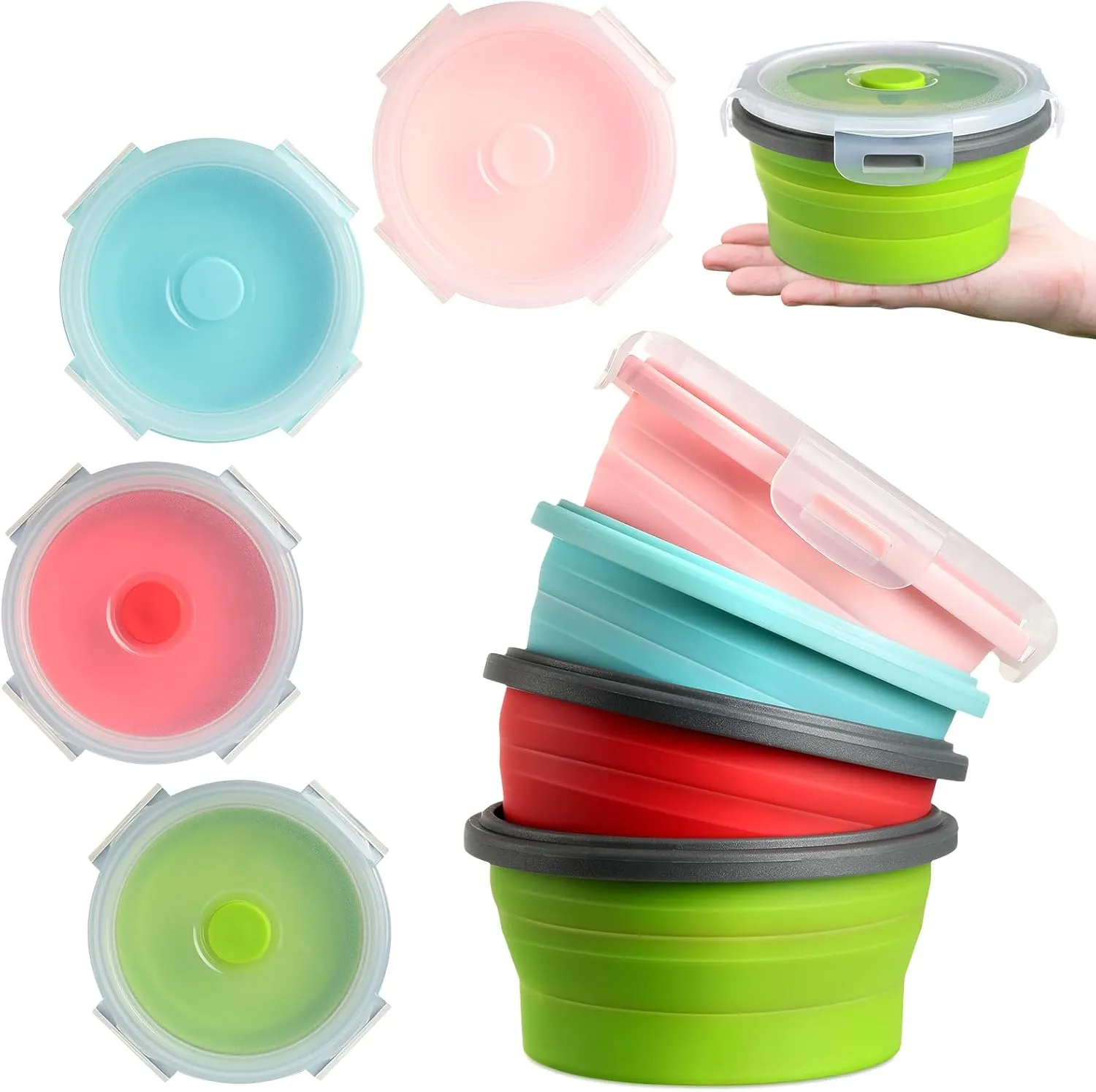 Suclain 4 Pcs Camping Bowl with Lid Collapsible Silicone Lunch Box Salad Bowl Expandable Food Storage Container Folding Travel Container for Hiking Camping(Red, Pink, Blue, Green,17 oz)