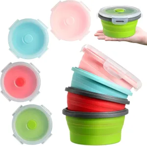 Suclain 4 Pcs Camping Bowl with Lid Collapsible Silicone Lunch Box Salad Bowl Expandable Food Storage Container Folding Travel Container for Hiking Camping(Red, Pink, Blue, Green,17 oz)