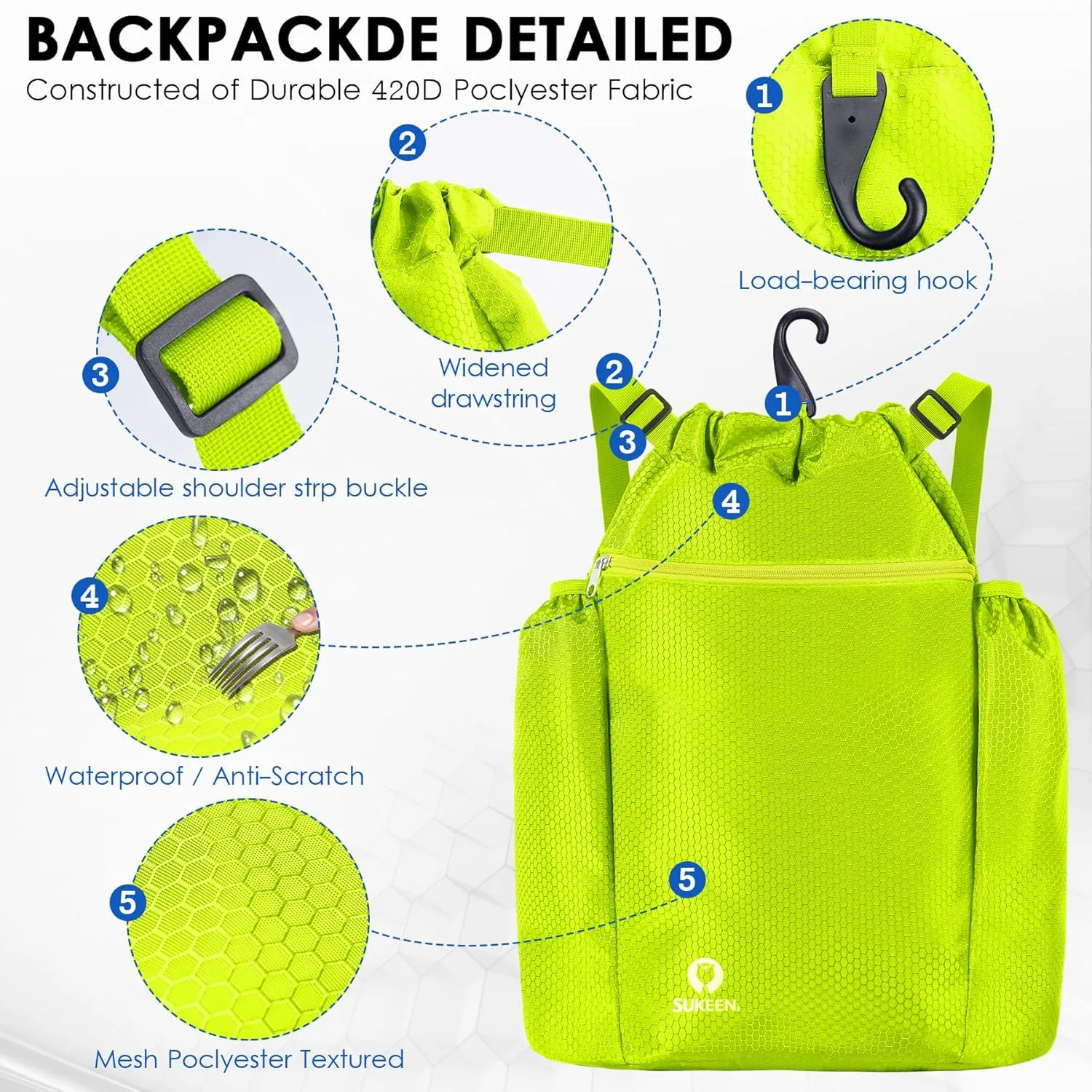 Sukeen Drawstring Backpack Swim Bag Lightweight String Backpack for Beach Pickleball Swimming Pool Gym Workout Gear Sport