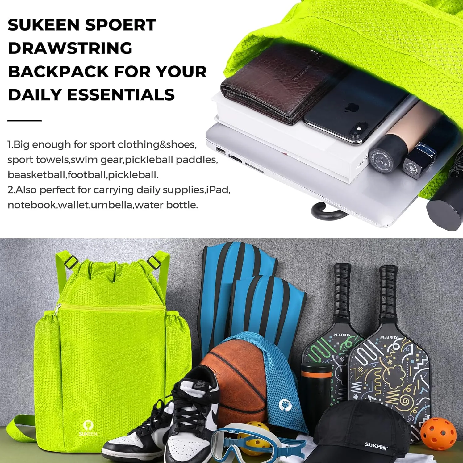 Sukeen Drawstring Backpack Swim Bag Lightweight String Backpack for Beach Pickleball Swimming Pool Gym Workout Gear Sport