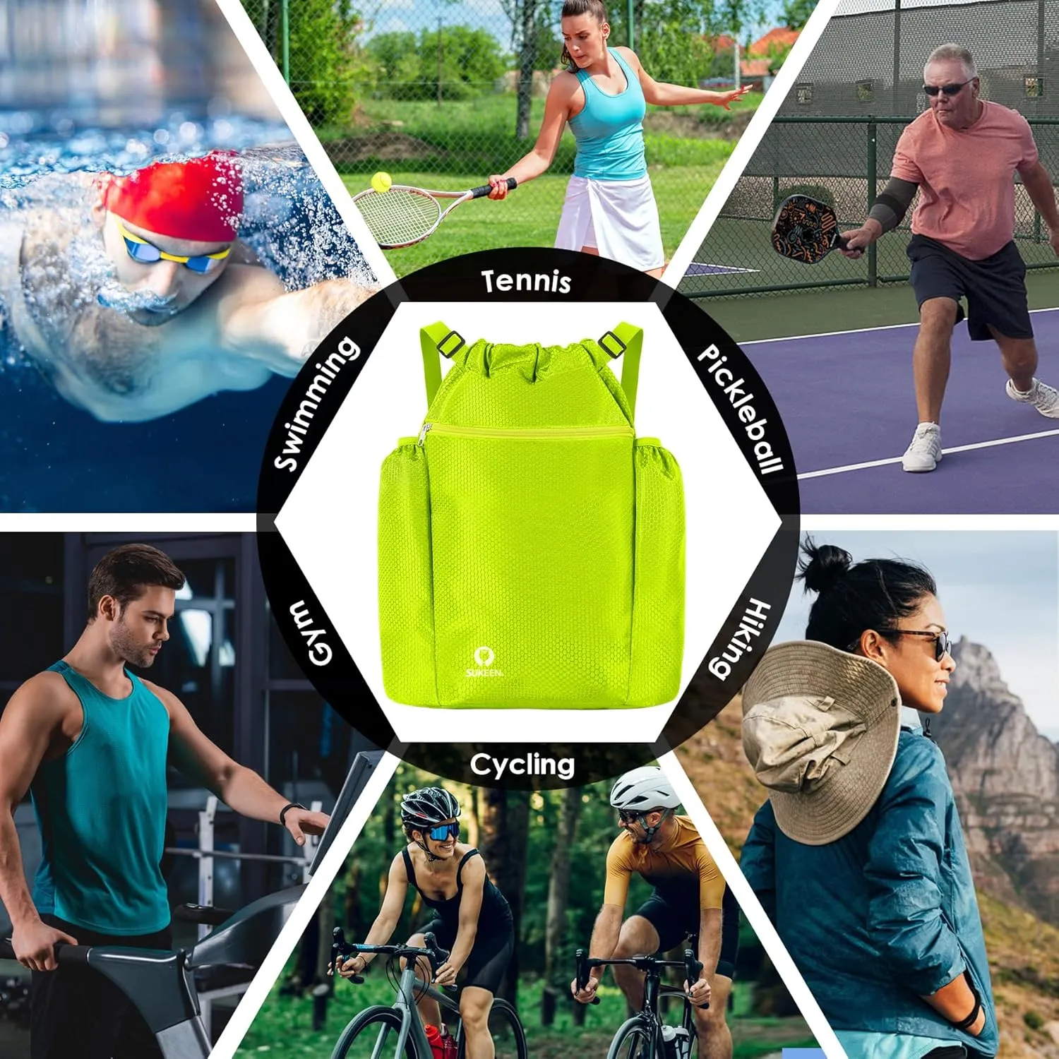Sukeen Drawstring Backpack Swim Bag Lightweight String Backpack for Beach Pickleball Swimming Pool Gym Workout Gear Sport