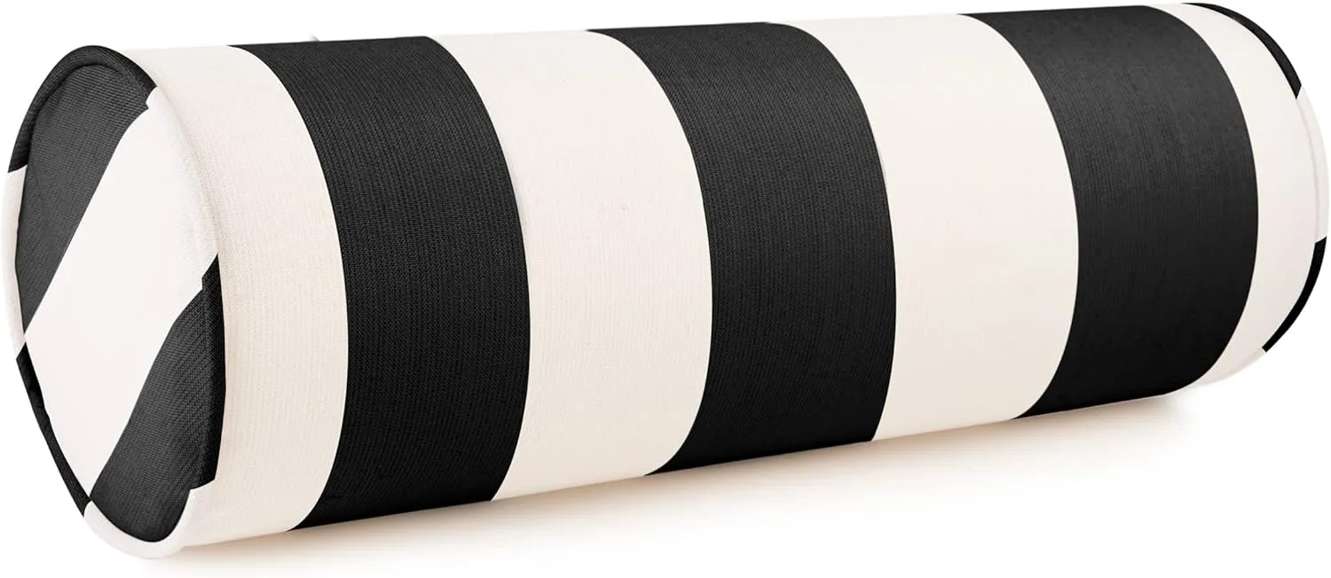 Sunbrella Cabana Stripe White/Black Zippered Neck Roll Bolster (Set of 2)