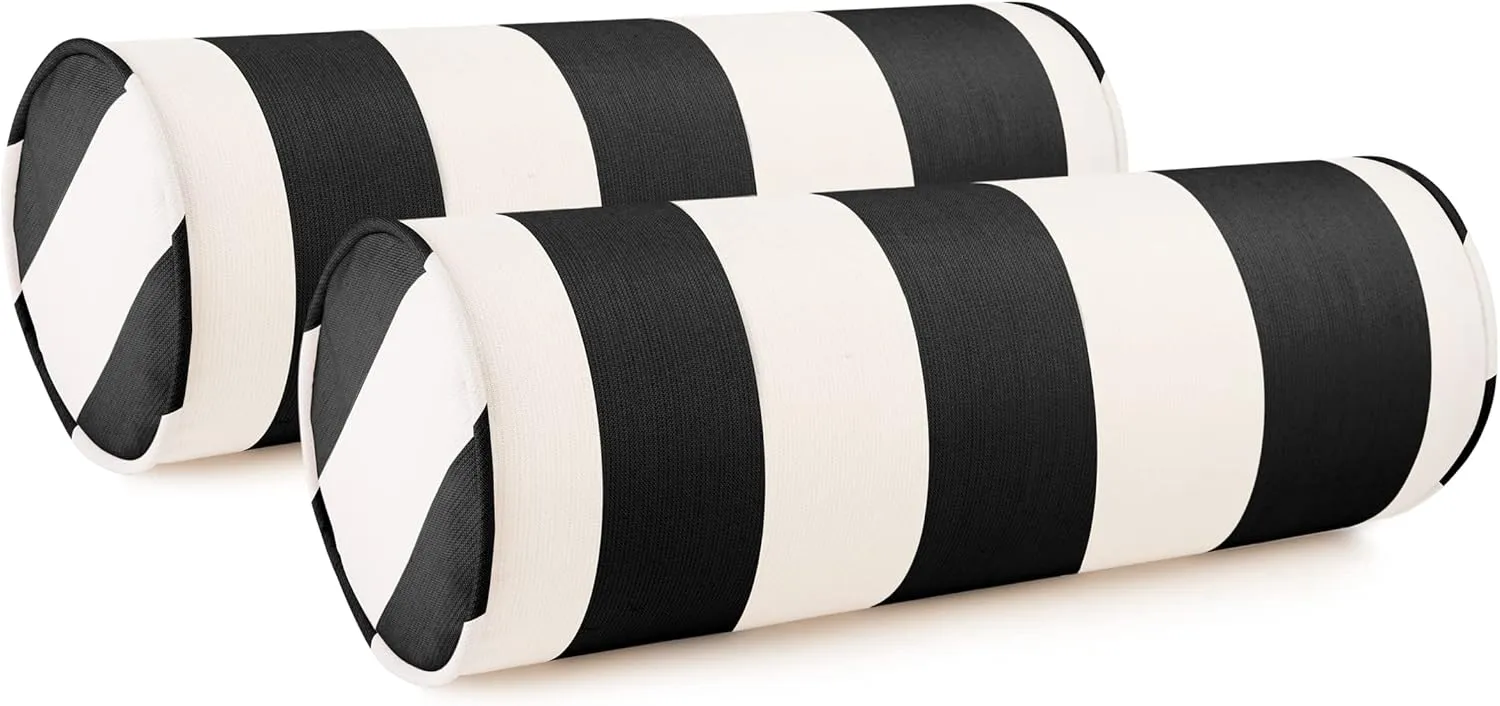 Sunbrella Cabana Stripe White/Black Zippered Neck Roll Bolster (Set of 2)