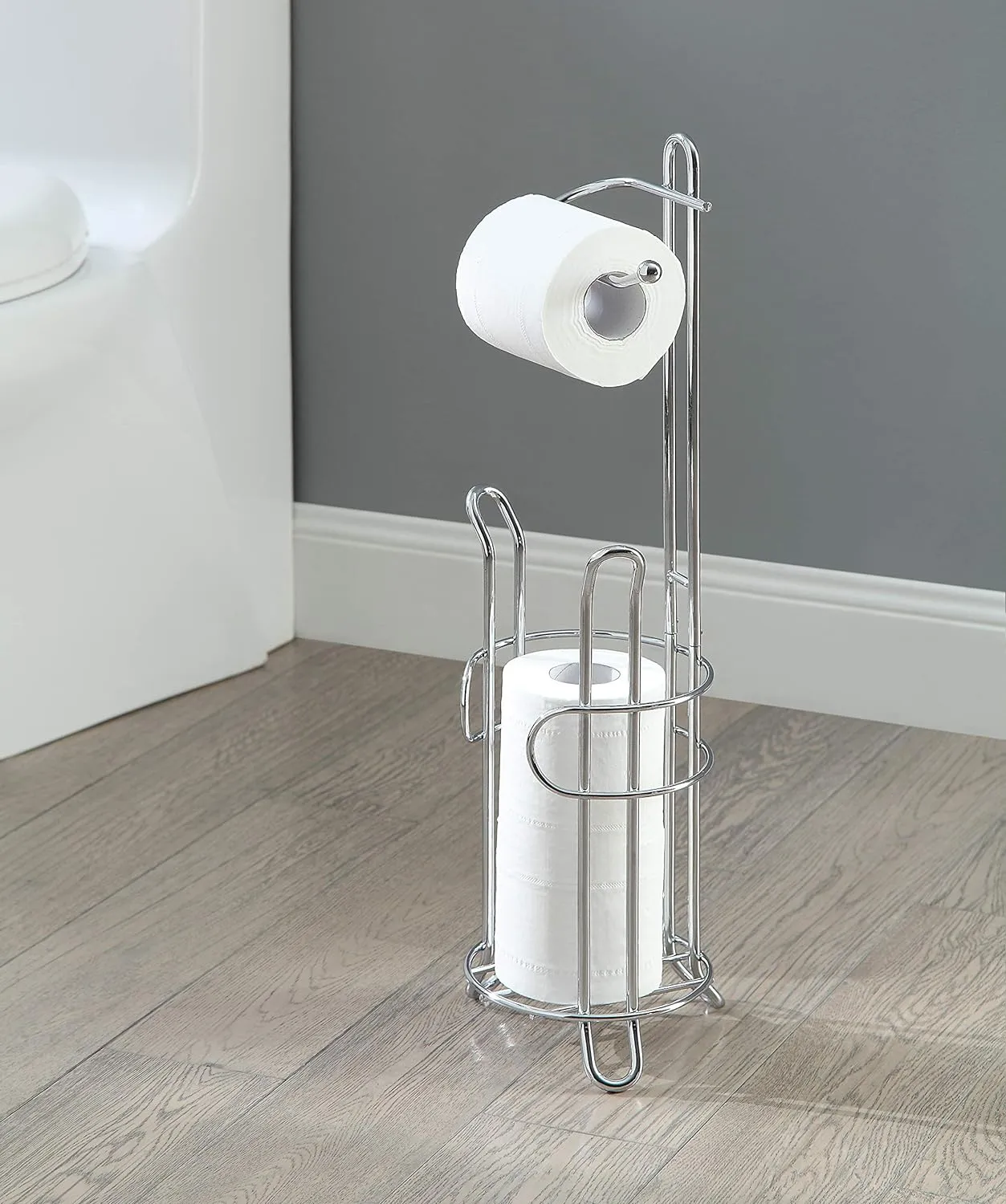 SunnyPoint Freestanding Toilet Paper Holder with Storage – Holds 3 Spare Rolls, Heavy-Duty Steel, Chrome Finish, Easy Assembly, Space-Saving Bathroom Organizer