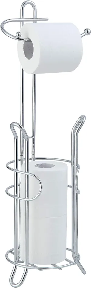 SunnyPoint Freestanding Toilet Paper Holder with Storage – Holds 3 Spare Rolls, Heavy-Duty Steel, Chrome Finish, Easy Assembly, Space-Saving Bathroom Organizer