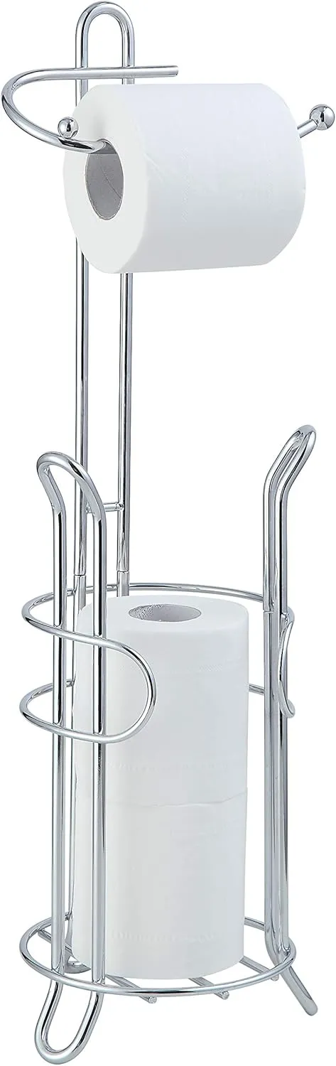 SunnyPoint Freestanding Toilet Paper Holder with Storage – Holds 3 Spare Rolls, Heavy-Duty Steel, Chrome Finish, Easy Assembly, Space-Saving Bathroom Organizer