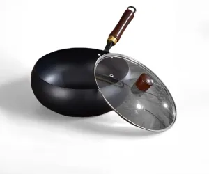 Suntuup Japanese Iron Pan, Uncoated Iron Pan, Hand-Forged Non-Stick Pans without Coating, Japanese Frying Pans with Lid (with Glass Lid - A,28cm/11.02in)