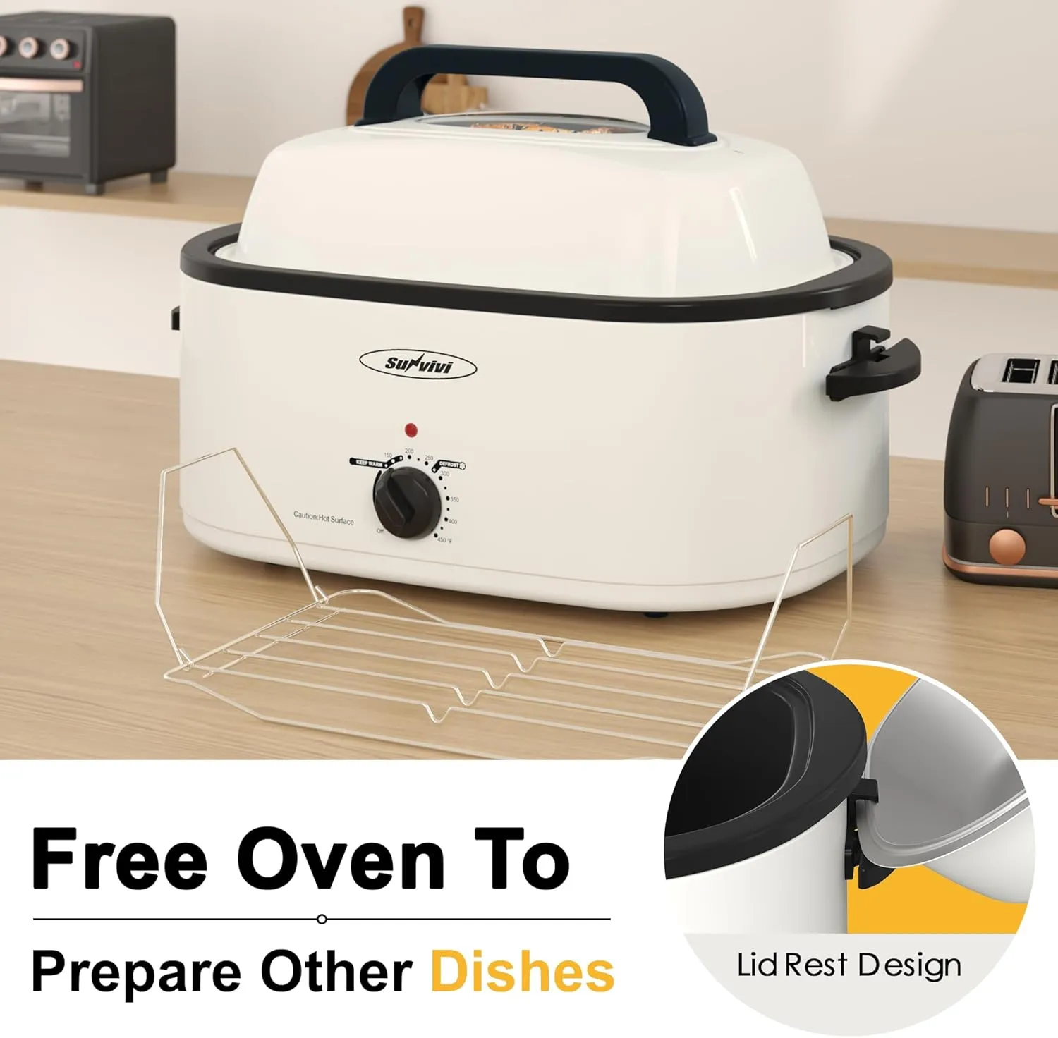 Sunvivi Roaster Oven, Electric Roaster Oven with Viewing Lid, 28lb 24-Quart Turkey Roaster with Unique Defrost/Warm Function, Large Roaster with Removable Pan & Rack, Stainless Steel, White