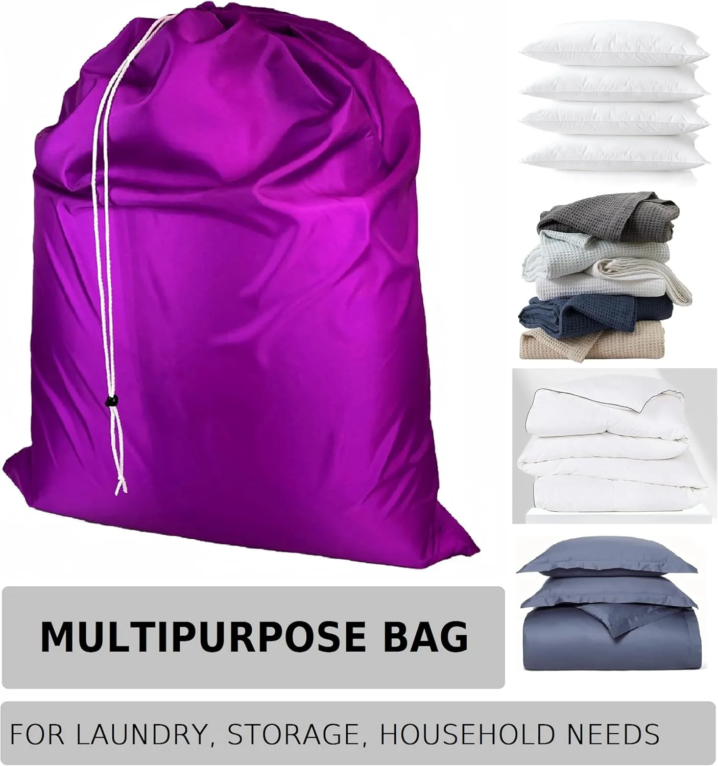 Super Extra Large Heavy Duty 100% Nylon Laundry Storage Bag, H U G E size: L 40" x H 50", Family size Bag with Locking Closure Drawstring, Machine Washable, XXL Organizer Bag. Made in USA (PURPLE)