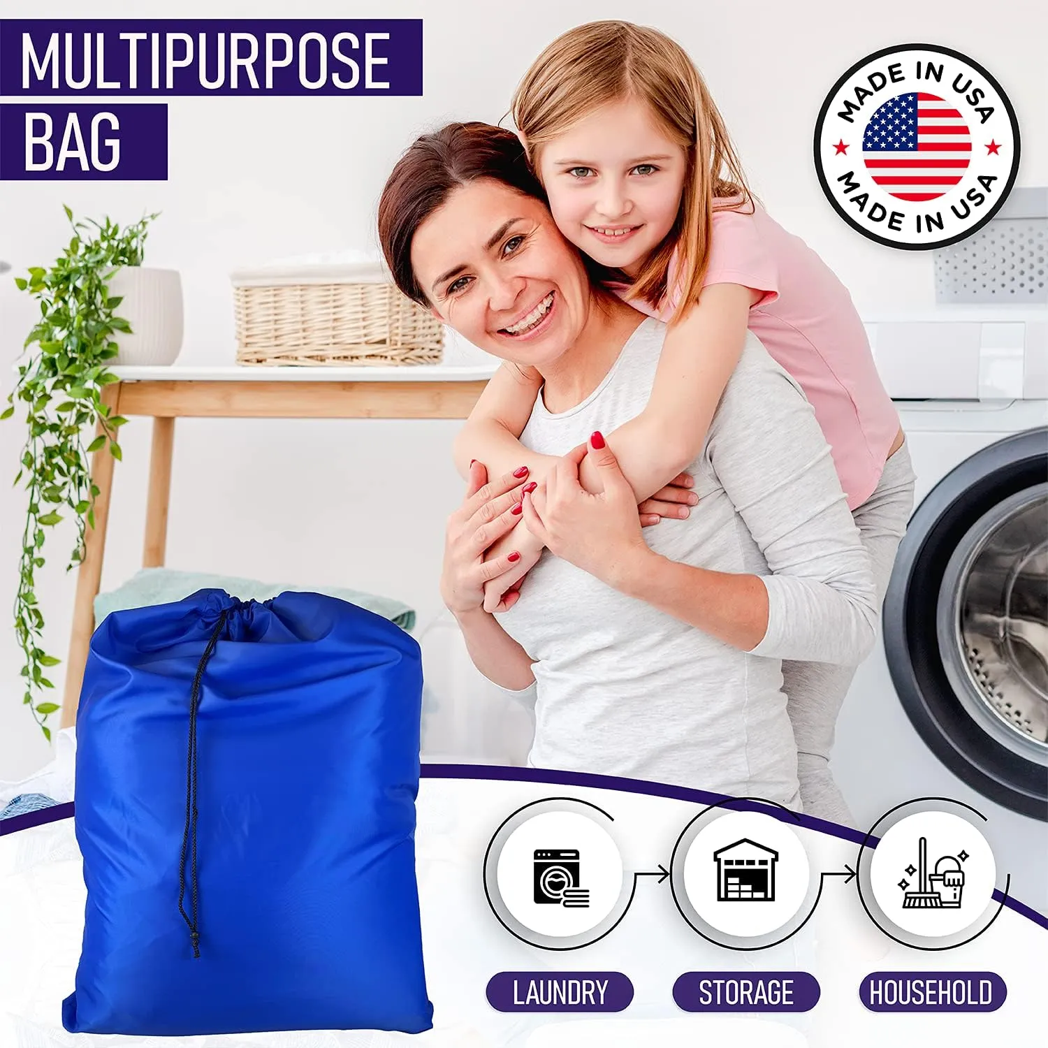 Super Extra Large Heavy Duty 100% Nylon Laundry Storage Bag, H U G E size: L 40" x H 50", Family size Bag with Locking Closure Drawstring, Machine Washable, XXL Organizer Bag. Made in USA (ROYAL BLUE)