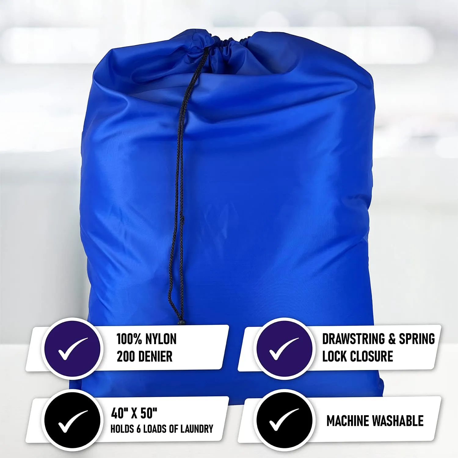 Super Extra Large Heavy Duty 100% Nylon Laundry Storage Bag, H U G E size: L 40" x H 50", Family size Bag with Locking Closure Drawstring, Machine Washable, XXL Organizer Bag. Made in USA (ROYAL BLUE)