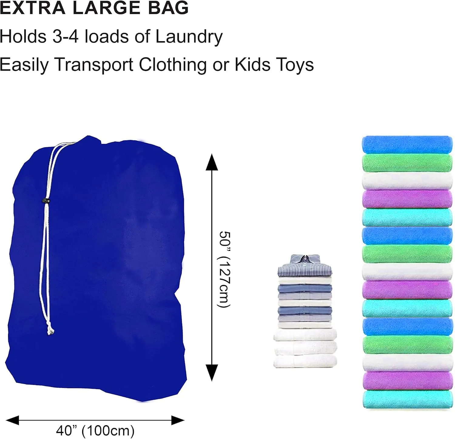 Super Extra Large Heavy Duty 100% Nylon Laundry Storage Bag, H U G E size: L 40" x H 50", Family size Bag with Locking Closure Drawstring, Machine Washable, XXL Organizer Bag. Made in USA (ROYAL BLUE)