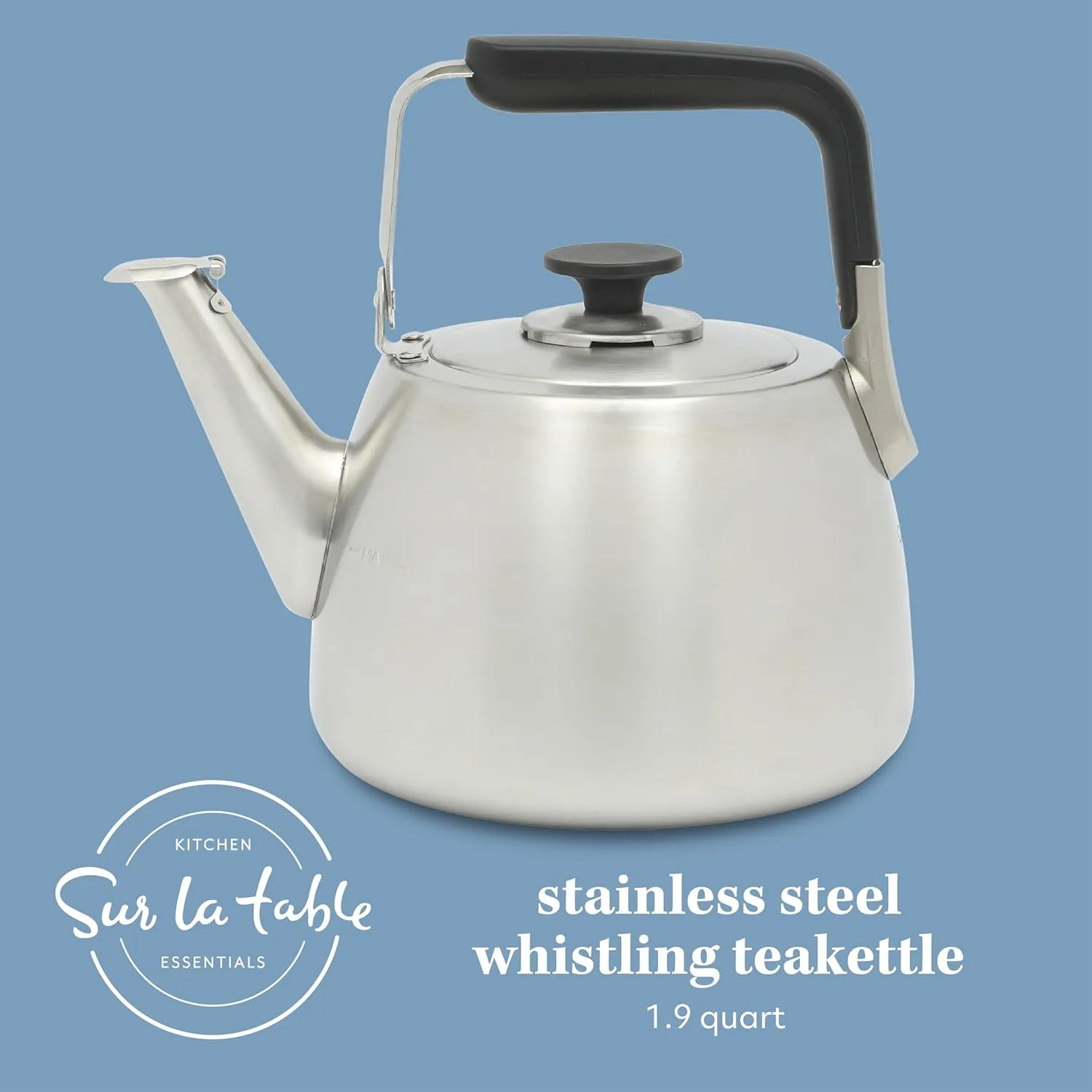 Sur La Table Kitchen Essentials Large 2 QT Heavy Gauge Brushed Stainless Steel Whistling Tea Kettle