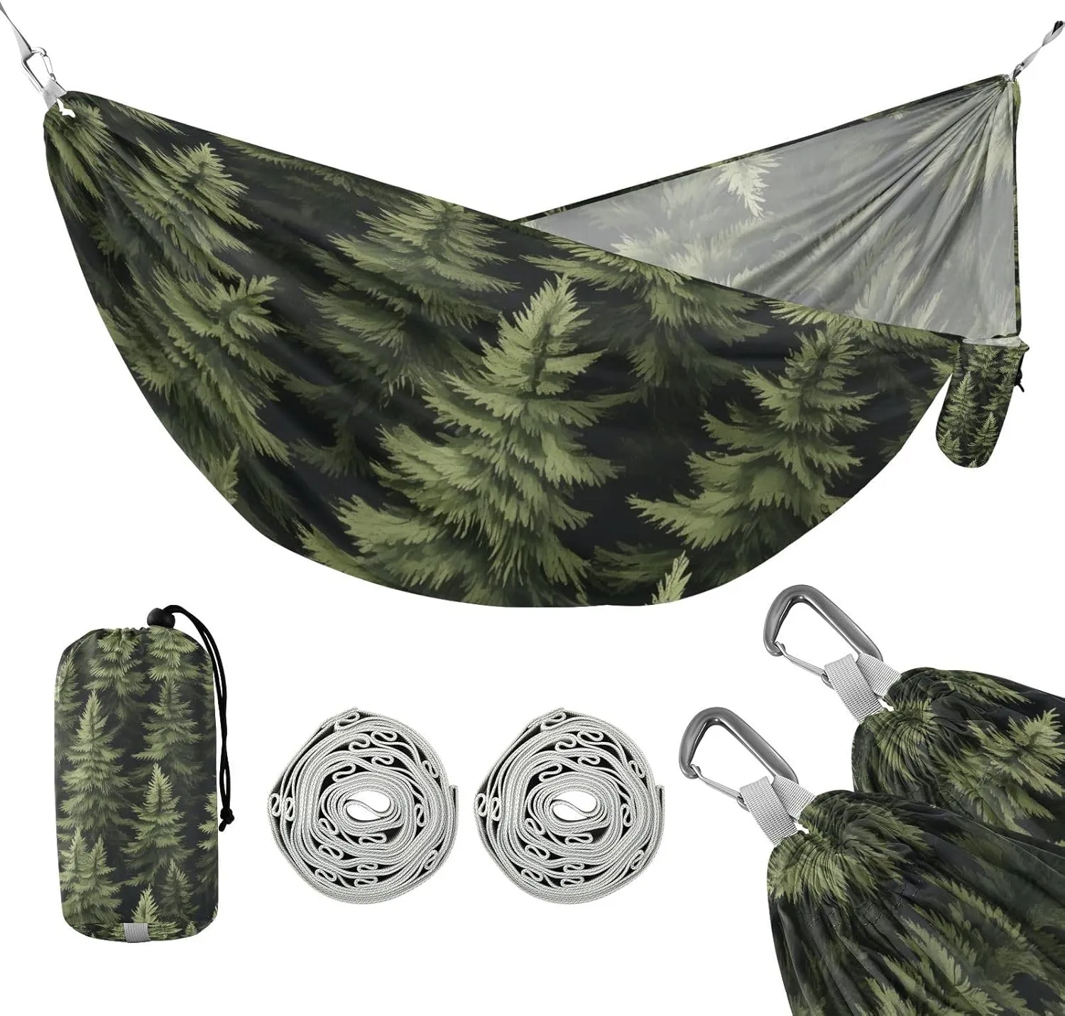 susiyo Portable Camping Hammock Green Pine Trees Printed Lightweight Hammock Comfortable Travel Swing with Tree Straps for Camping Hiking Backpacking Travel or Beach - Up to 330lbs