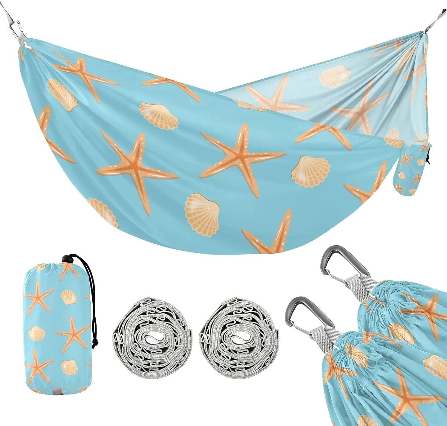 susiyo Portable Camping Hammock Starfish Seashells Printed Lightweight Hammock Comfortable Travel Swing with Tree Straps for Camping Hiking Backpacking Travel or Beach - Up to 330lbs