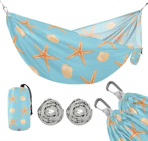 susiyo Portable Camping Hammock Starfish Seashells Printed Lightweight Hammock Comfortable Travel Swing with Tree Straps for Camping Hiking Backpacking Travel or Beach - Up to 330lbs