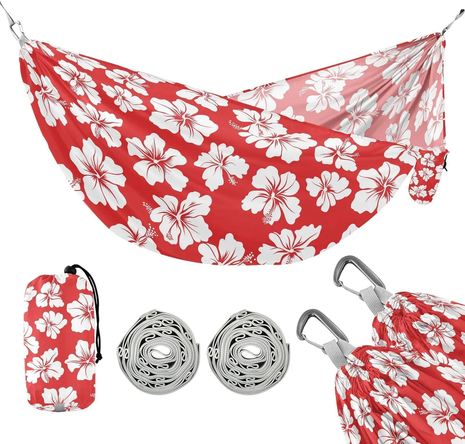 susiyo Portable Camping Hammock White Hibiscus Flower Printed Lightweight Hammock Comfortable Travel Swing with Tree Straps for Camping Hiking Backpacking Travel or Beach - Up to 330lbs