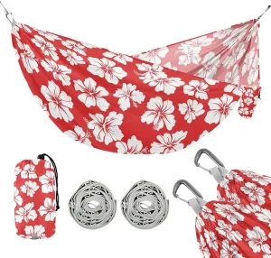 susiyo Portable Camping Hammock White Hibiscus Flower Printed Lightweight Hammock Comfortable Travel Swing with Tree Straps for Camping Hiking Backpacking Travel or Beach - Up to 330lbs