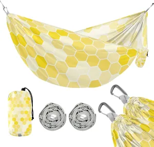 susiyo Portable Camping Hammock Yellow Bee Honeycomb Printed Lightweight Hammock Comfortable Travel Swing with Tree Straps for Camping Hiking Backpacking Travel or Beach - Up to 330lbs