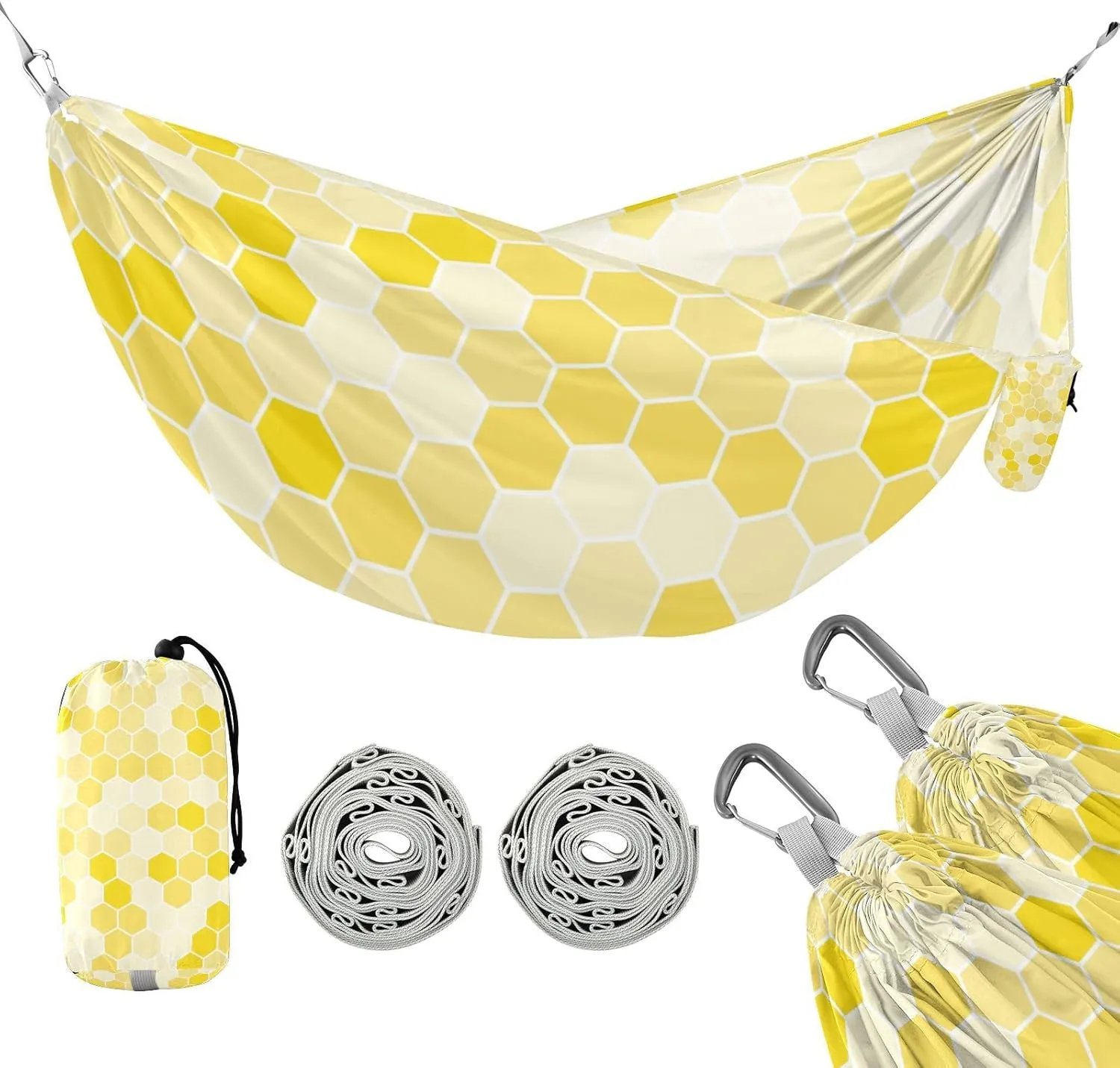 susiyo Portable Camping Hammock Yellow Bee Honeycomb Printed Lightweight Hammock Comfortable Travel Swing with Tree Straps for Camping Hiking Backpacking Travel or Beach - Up to 330lbs