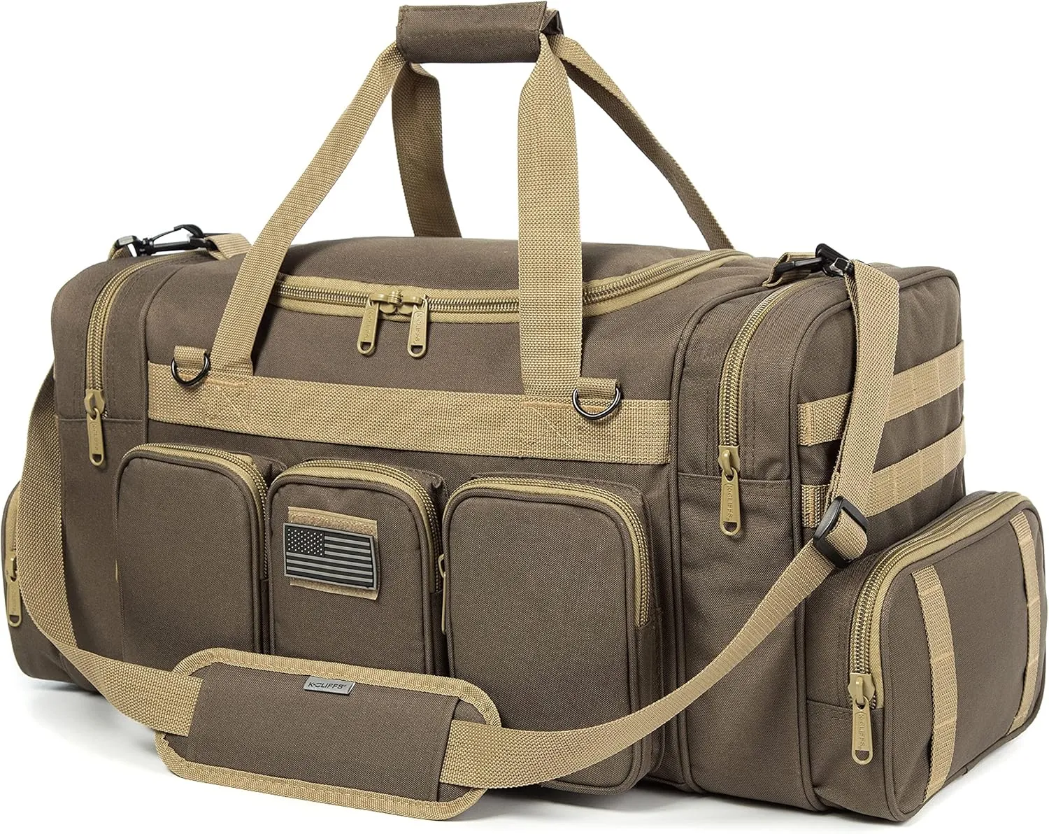 Tactical Range Duffel Heavy Duty Military Molle Gear Travel Sports Gym Bag Lockable Zippers with US Flag Patch (27 In Khaki)