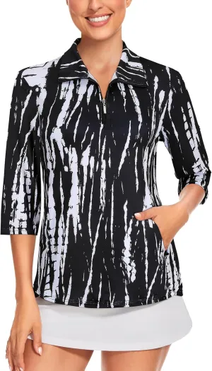 Tanst Sky Womens 3/4 Sleeve Golf Shirt Quick Dry Zip Up Workout Tennis Tops with Pockets