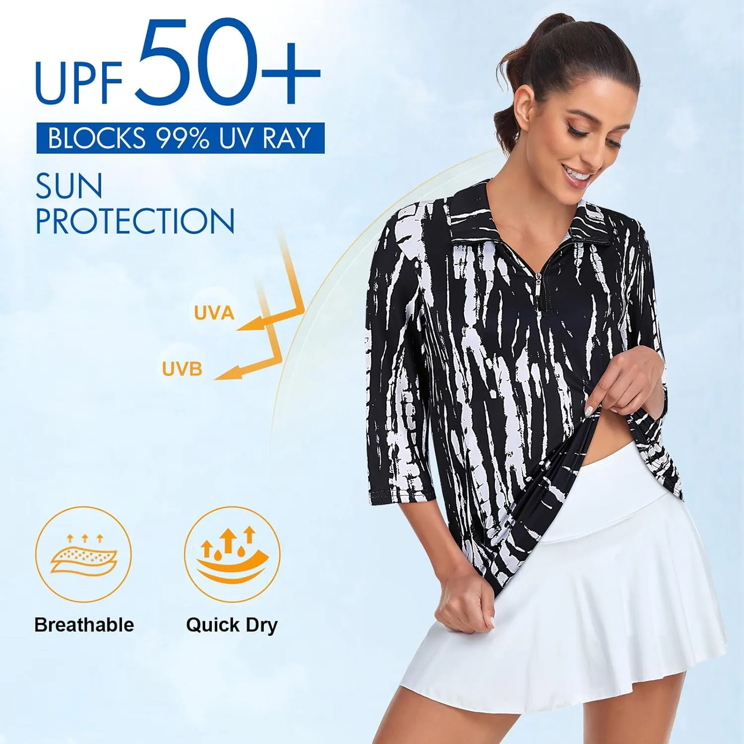 Tanst Sky Womens 3/4 Sleeve Golf Shirt Quick Dry Zip Up Workout Tennis Tops with Pockets