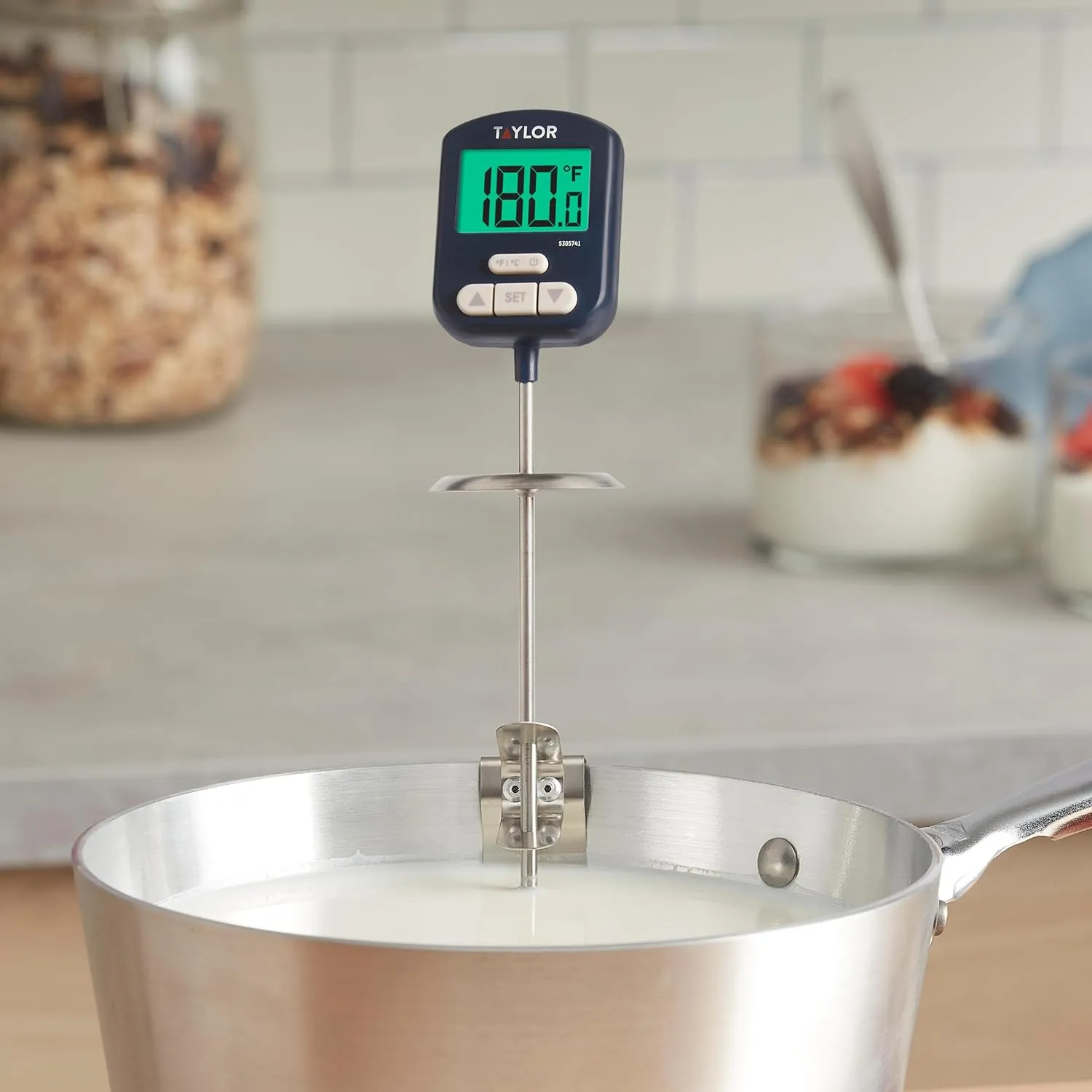 Taylor Digital Premium High Heat Resistant Candy Thermometer, Meat, Deep Fry, Brewing, and Craft Thermometer, with pan/Kettle Clip and Heat Shield, Backlit Display, and Includes 1 CR2032 Battery, Navy