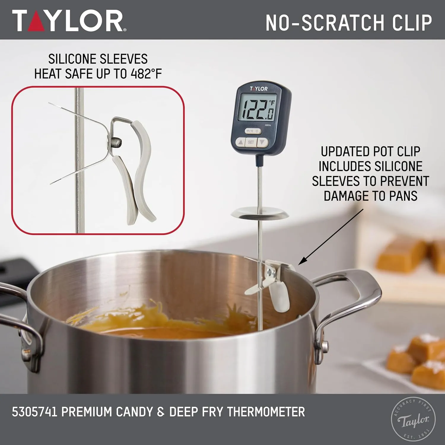 Taylor Digital Premium High Heat Resistant Candy Thermometer, Meat, Deep Fry, Brewing, and Craft Thermometer, with pan/Kettle Clip and Heat Shield, Backlit Display, and Includes 1 CR2032 Battery, Navy