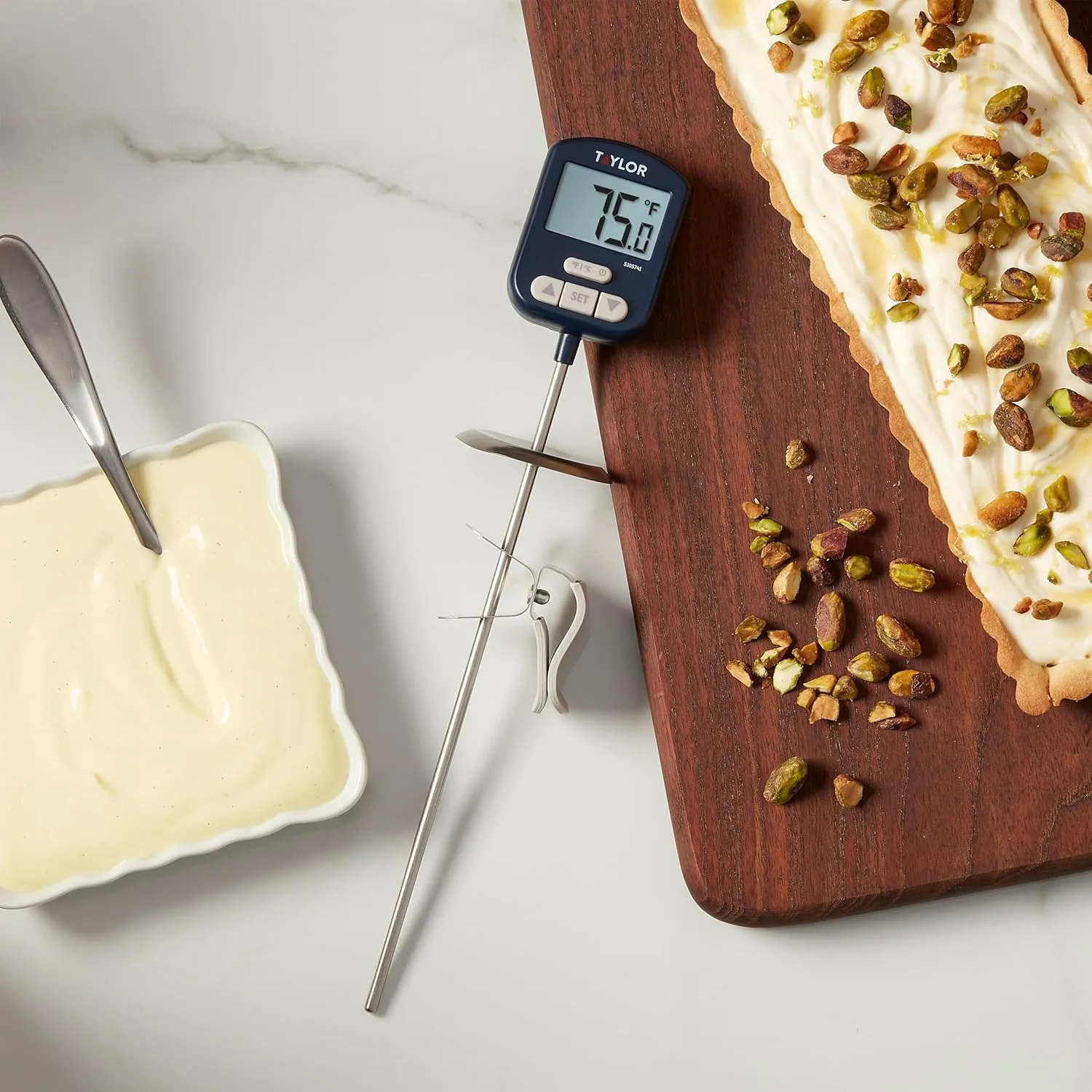Taylor Digital Premium High Heat Resistant Candy Thermometer, Meat, Deep Fry, Brewing, and Craft Thermometer, with pan/Kettle Clip and Heat Shield, Backlit Display, and Includes 1 CR2032 Battery, Navy