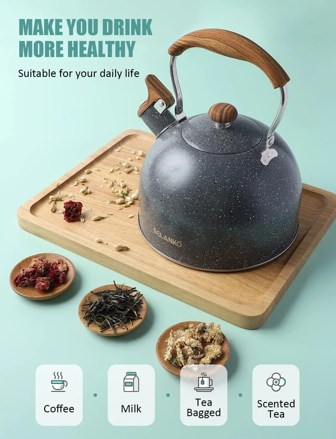 Tea Kettle, BELANKO 85 OZ / 2.5 Liter Whistling Tea Kettle, Tea Pots for Stove Top Food Grade Stainless Steel with Wood Pattern Folding Handle, Loud Whistle Kettle for Tea, Coffee, Milk - Gray