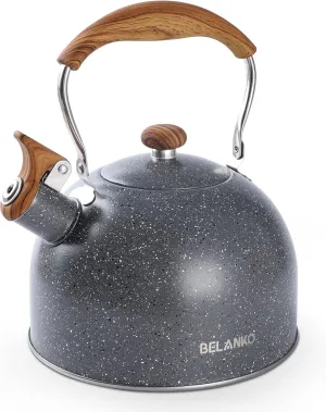 Tea Kettle, BELANKO 85 OZ / 2.5 Liter Whistling Tea Kettle, Tea Pots for Stove Top Food Grade Stainless Steel with Wood Pattern Folding Handle, Loud Whistle Kettle for Tea, Coffee, Milk - Gray