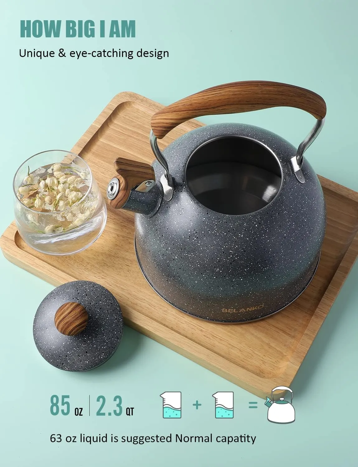 Tea Kettle, BELANKO 85 OZ / 2.5 Liter Whistling Tea Kettle, Tea Pots for Stove Top Food Grade Stainless Steel with Wood Pattern Folding Handle, Loud Whistle Kettle for Tea, Coffee, Milk - Gray