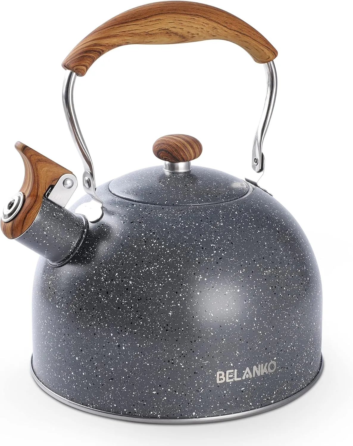 Tea Kettle, BELANKO 85 OZ / 2.5 Liter Whistling Tea Kettle, Tea Pots for Stove Top Food Grade Stainless Steel with Wood Pattern Folding Handle, Loud Whistle Kettle for Tea, Coffee, Milk - Gray