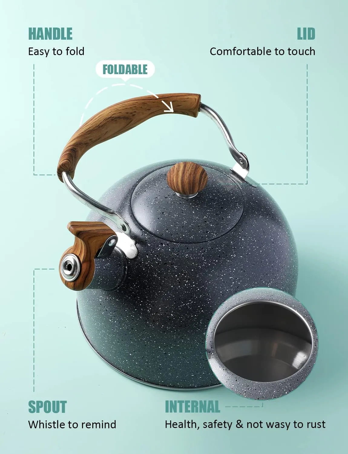 Tea Kettle, BELANKO 85 OZ / 2.5 Liter Whistling Tea Kettle, Tea Pots for Stove Top Food Grade Stainless Steel with Wood Pattern Folding Handle, Loud Whistle Kettle for Tea, Coffee, Milk - Gray