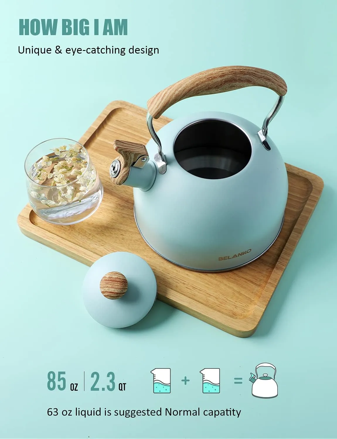 Tea Kettle, BELANKO 85 OZ / 2.5 Liter Whistling Tea Kettle, Tea Pots for Stove Top Food Grade Stainless Steel with Wood Pattern Folding Handle, Loud Whistle Kettle for Tea, Coffee, Milk - Turquoise