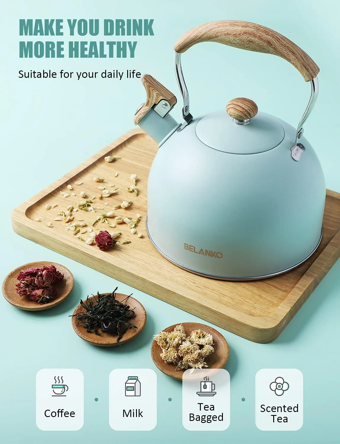 Tea Kettle, BELANKO 85 OZ / 2.5 Liter Whistling Tea Kettle, Tea Pots for Stove Top Food Grade Stainless Steel with Wood Pattern Folding Handle, Loud Whistle Kettle for Tea, Coffee, Milk - Turquoise