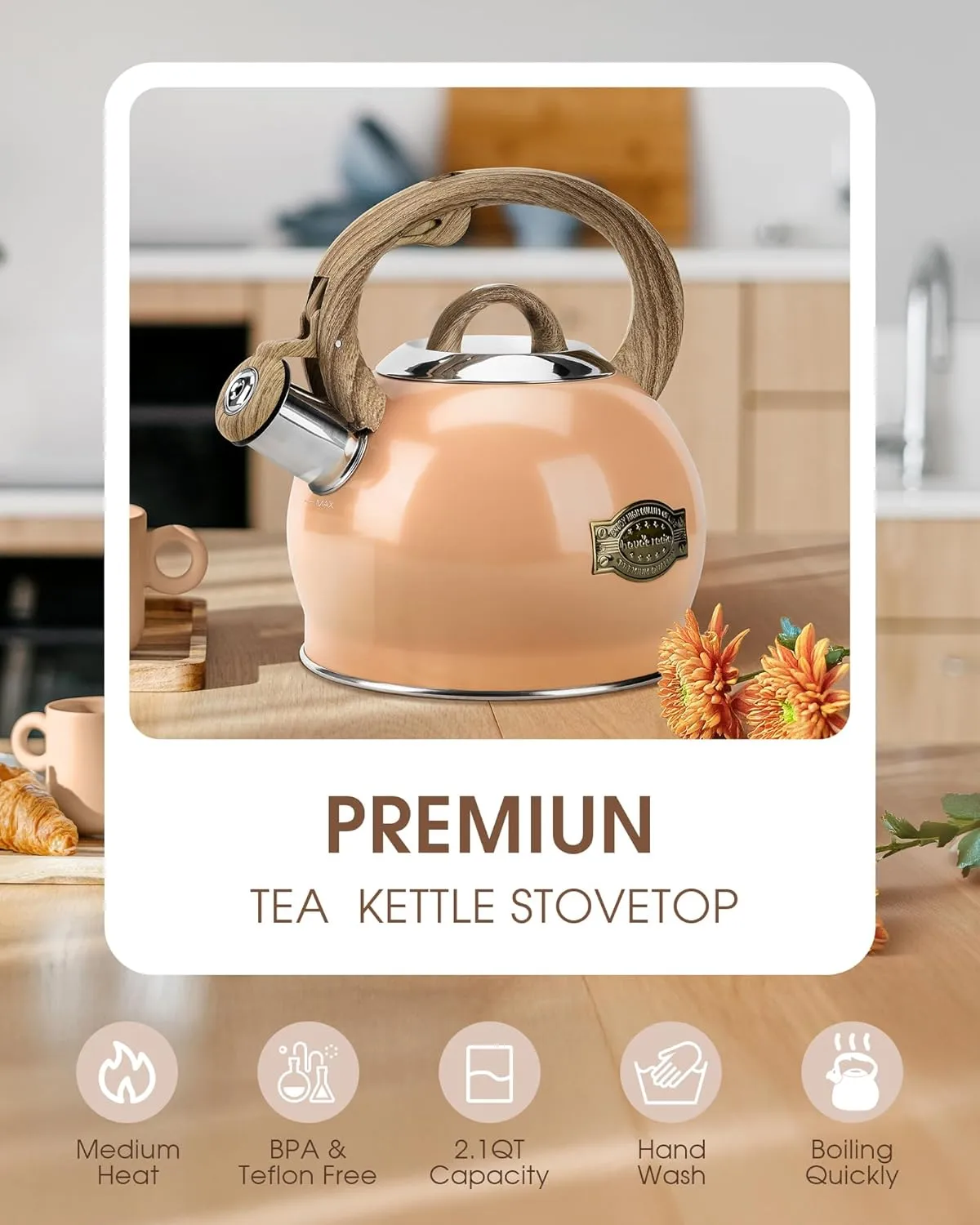 Tea Kettle Stovetop, 2.1 Quart Stove Top Whistling Tea Kettle, Teapot Kettles with Food Grade Stainless Steel and Wood Pattern Folding Handle, Suitable for All Heat Sources