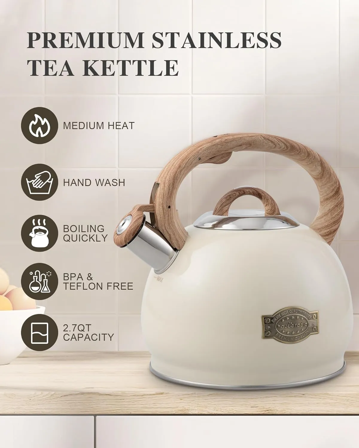Tea Kettle Stovetop,2.7QT Stainless Steel Whistling Teapot for Stove Top Aesthetic,Portable Water Kettles Camping with Anti-hot Silicone Handle,Suitable for All Heat Sources,Milky White
