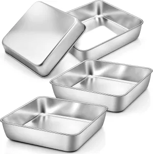 TeamFar 8 Inch Square Baking Pan, Square Cake Pan Stainless Steel Square Cake Brownie Pan for Baking Roasting Serving, Healthy & Non Toxic, Sturdy & Matte Finish, Dishwasher Safe - 4 PCS