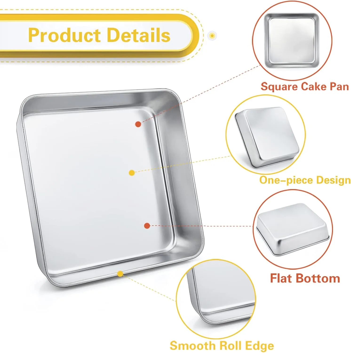 TeamFar 8 Inch Square Baking Pan, Square Cake Pan Stainless Steel Square Cake Brownie Pan for Baking Roasting Serving, Healthy & Non Toxic, Sturdy & Matte Finish, Dishwasher Safe - 4 PCS