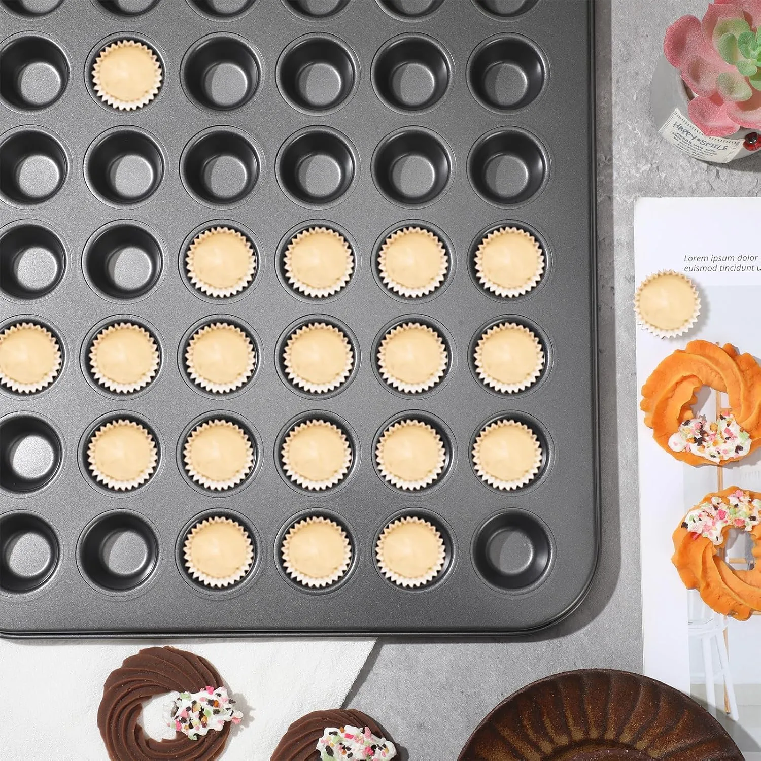 Tioncy 2 Pcs 48 Cup Mini Muffin Pan 15.94 x 12.6 x 0.79 Inches Nonstick Small Cupcake Pan Steel Mini Muffin Tin for Baking Cheesecake Tailgate Party supplies, Dishwasher Safe (Black)