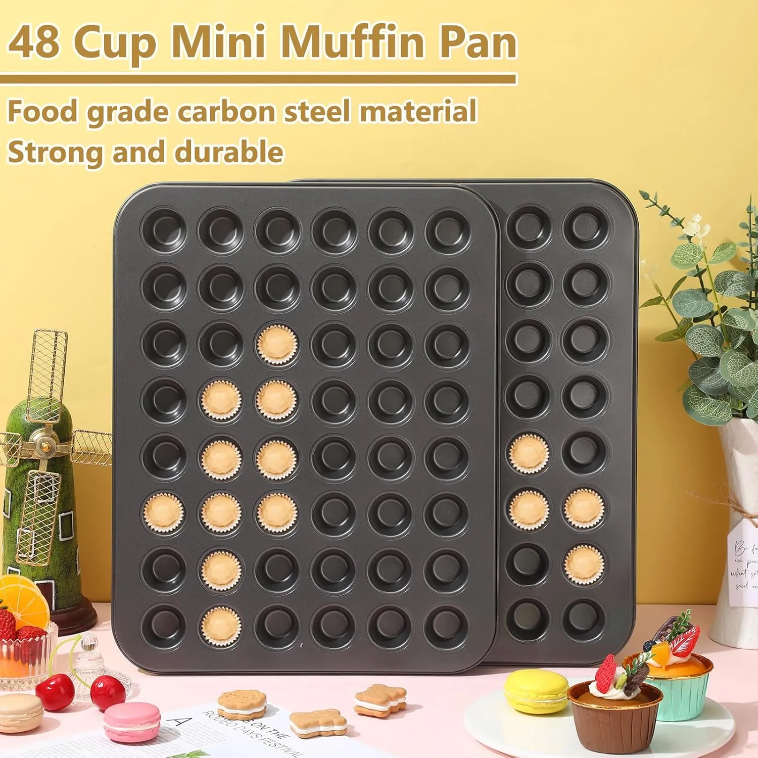 Tioncy 2 Pcs 48 Cup Mini Muffin Pan 15.94 x 12.6 x 0.79 Inches Nonstick Small Cupcake Pan Steel Mini Muffin Tin for Baking Cheesecake Tailgate Party supplies, Dishwasher Safe (Black)