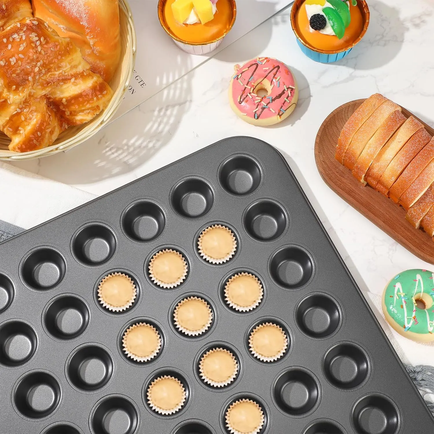 Tioncy 2 Pcs 48 Cup Mini Muffin Pan 15.94 x 12.6 x 0.79 Inches Nonstick Small Cupcake Pan Steel Mini Muffin Tin for Baking Cheesecake Tailgate Party supplies, Dishwasher Safe (Black)