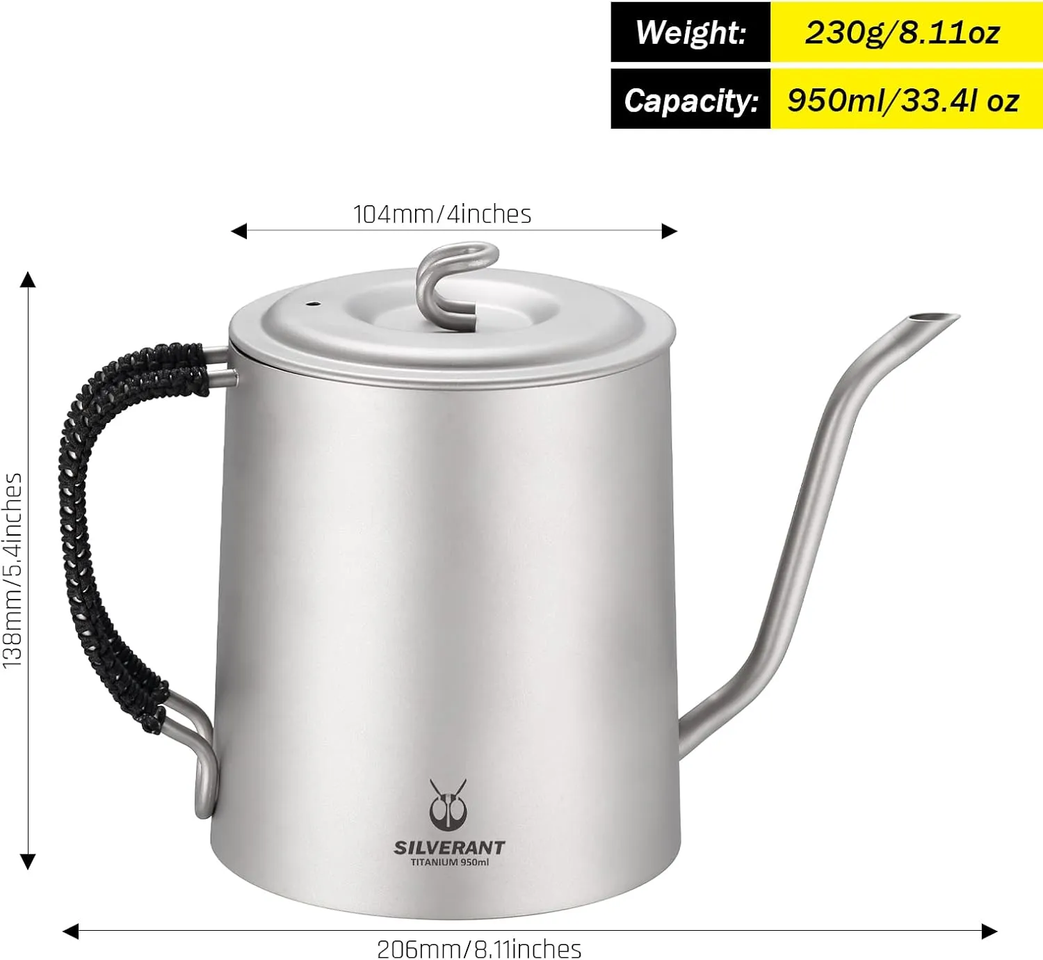 Titanium Kettle Pot for Camping Ultralight Pour Over Gooseneck Coffee Kettle Backpacking with Braided Handle & Drawstring Case -950ml/33.4fl oz