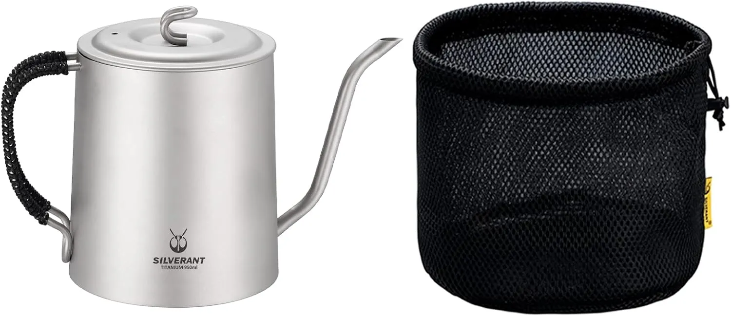 Titanium Kettle Pot for Camping Ultralight Pour Over Gooseneck Coffee Kettle Backpacking with Braided Handle & Drawstring Case -950ml/33.4fl oz