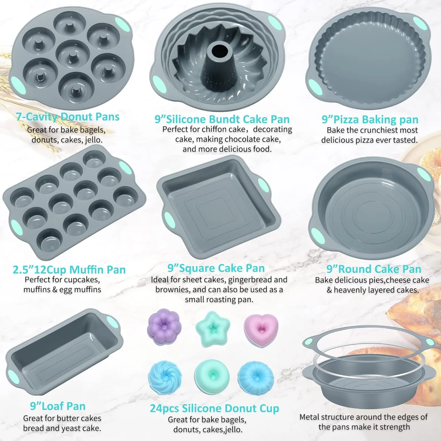 To encounter 31 Pieces Silicone Baking Pans Set, Nonstick Bakeware Sets, Non-Stick Silicone Molds, with Metal Reinforced Frame More Strength, Light Grey