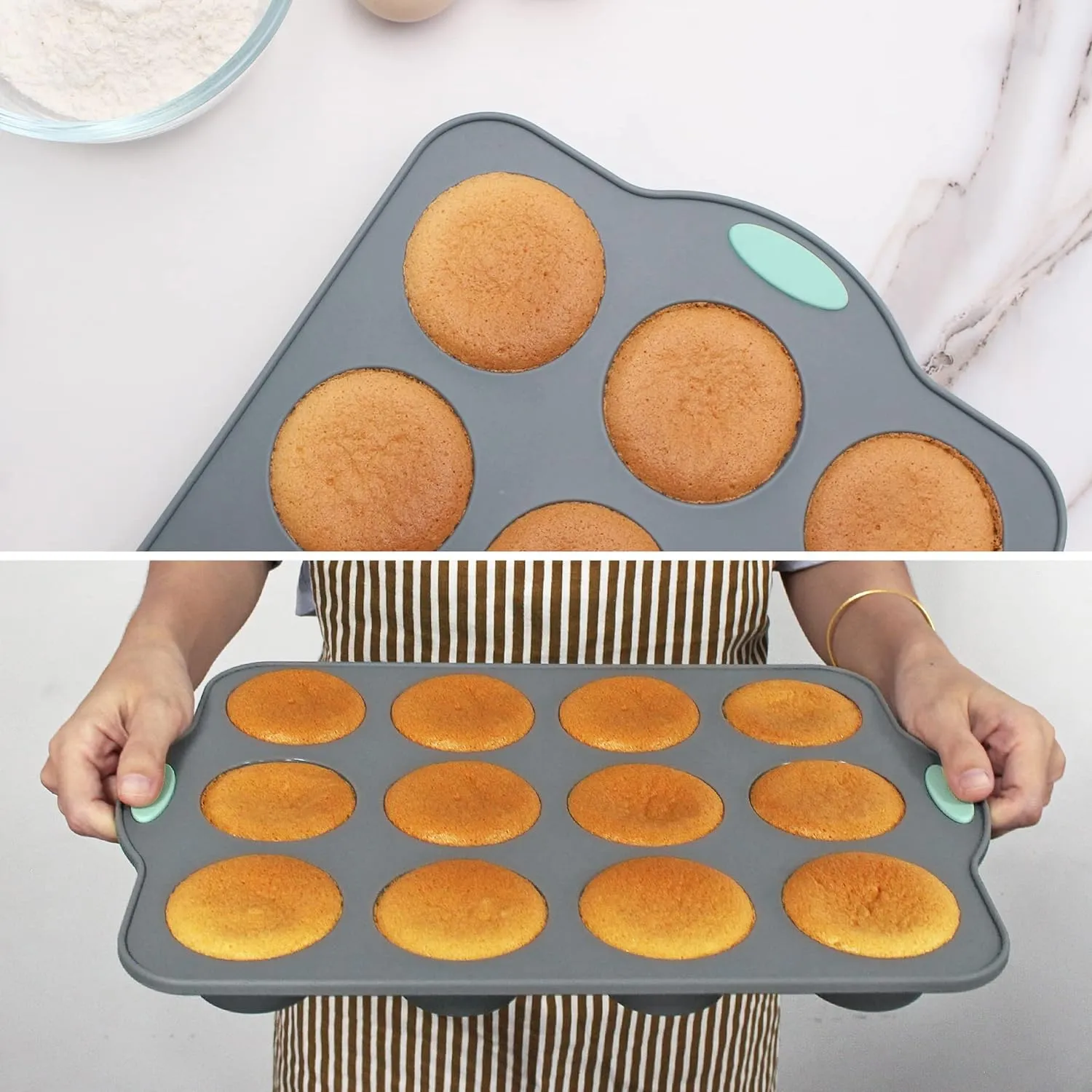 To encounter 31 Pieces Silicone Baking Pans Set, Nonstick Bakeware Sets, Non-Stick Silicone Molds, with Metal Reinforced Frame More Strength, Light Grey