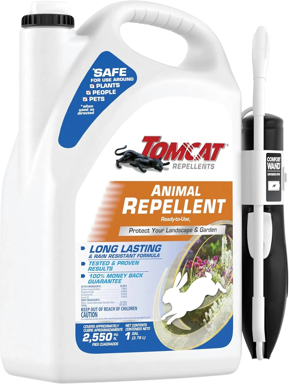 Tomcat Repellents Animal Repellent Ready-to-Use - With Comfort Wand, Repels Rabbits, Squirrels, Groundhogs and Other Small Animals, Contains Essential Oils, No Stink, Rain-Resistant, 1 gal.